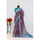 Blue linen digital print saree with unstitched blouse, 5.5mtr length