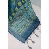 Green linen digital print saree with unstitched blouse (5.5mtr), traditional Indian wear on mannequin