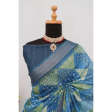 Green linen digital print saree with unstitched blouse (5.5Mtr) on mannequin