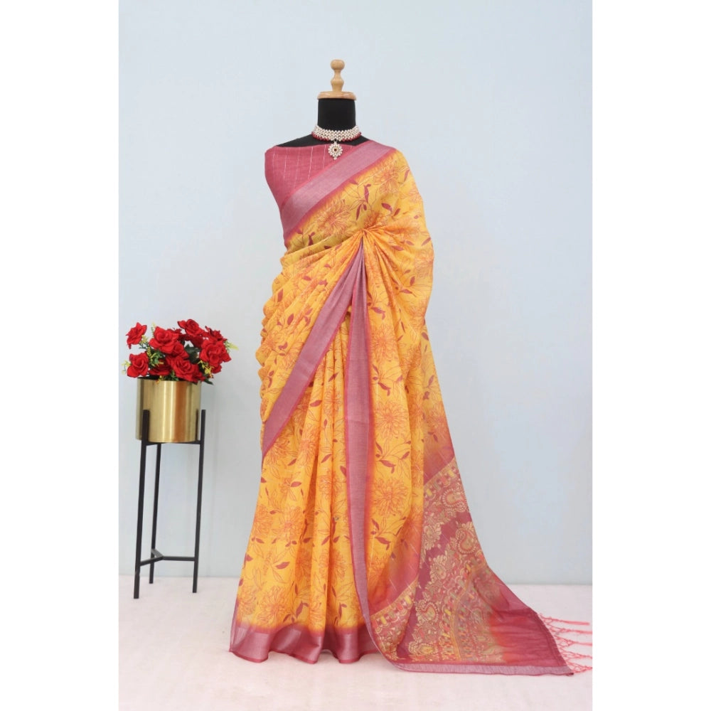 Mustard linen digital print saree with unstitched blouse, vibrant Indian fashion accessory on mannequin