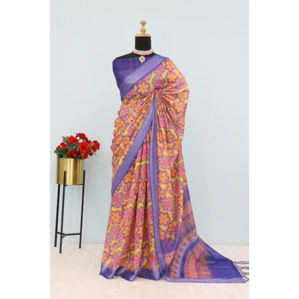 Multicolor linen digital print saree with unstitched blouse, vibrant ethnic wear for women
