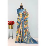 Multicolor linen digital print saree with unstitched blouse (5.5mtr), vibrant Indian fashion for women