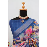 Blue linen digital print saree with unstitched blouse (5.5mtr), vibrant design on display