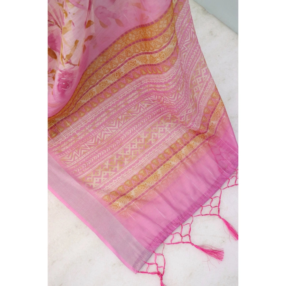 Pink linen digital print saree with unstitched blouse (5.5Mtr), vibrant pattern for traditional Indian wear