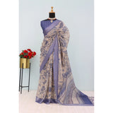 Blue linen digital print saree with unstitched blouse, vibrant floral pattern on display