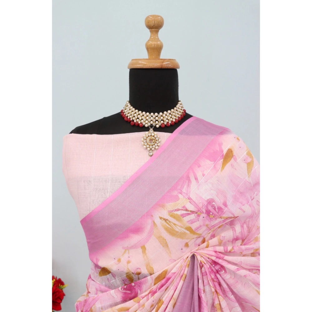 Pink linen digital print saree with unstitched blouse (5.5mtr), perfect for traditional Indian wear