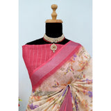 Pink linen digital print saree with unstitched blouse (5.5mtr), traditional Indian women's fashion accessory