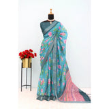 Green linen digital print saree with unstitched blouse (5.5Mtr) on mannequin