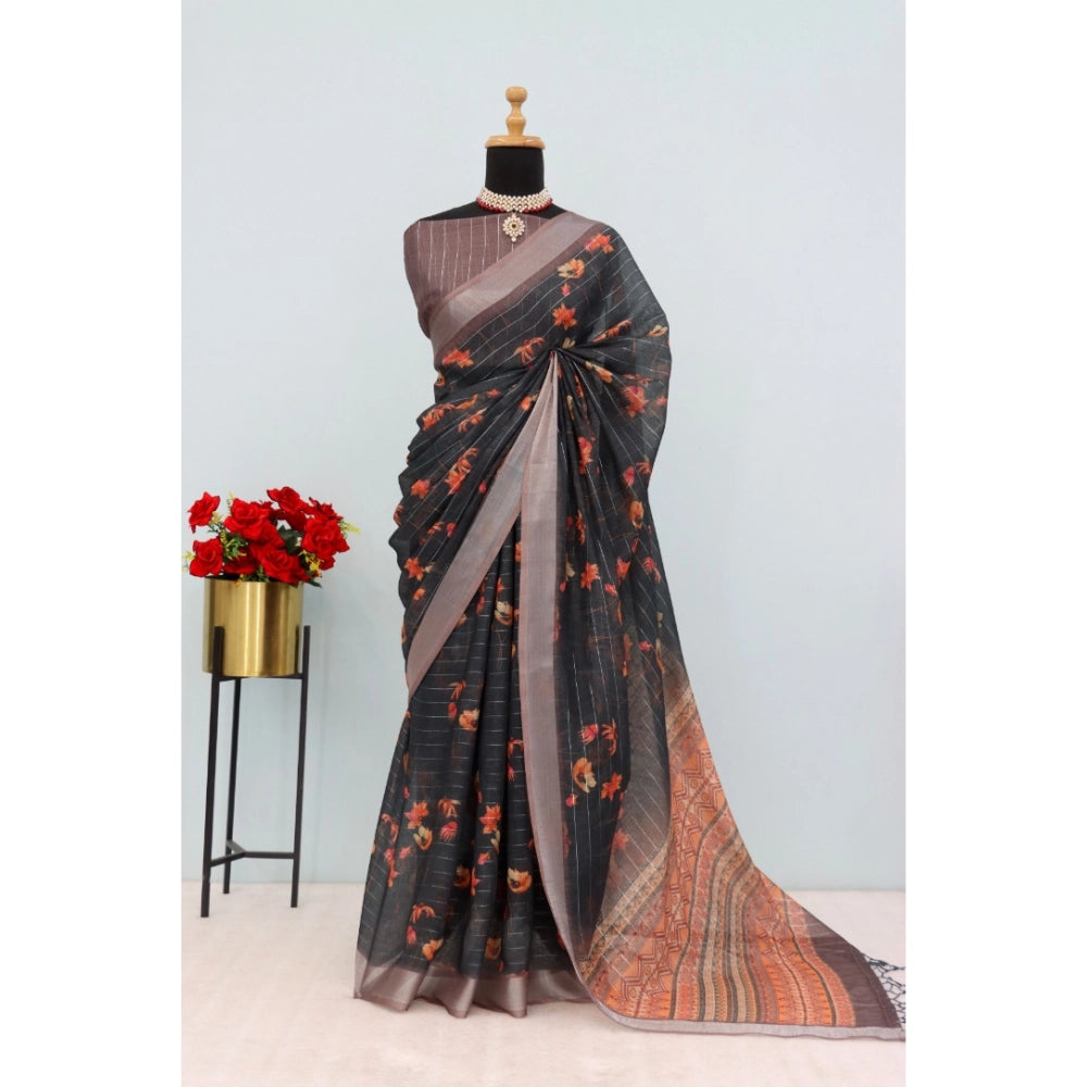 Black linen digital print saree with unstitched blouse (5.5mtr)