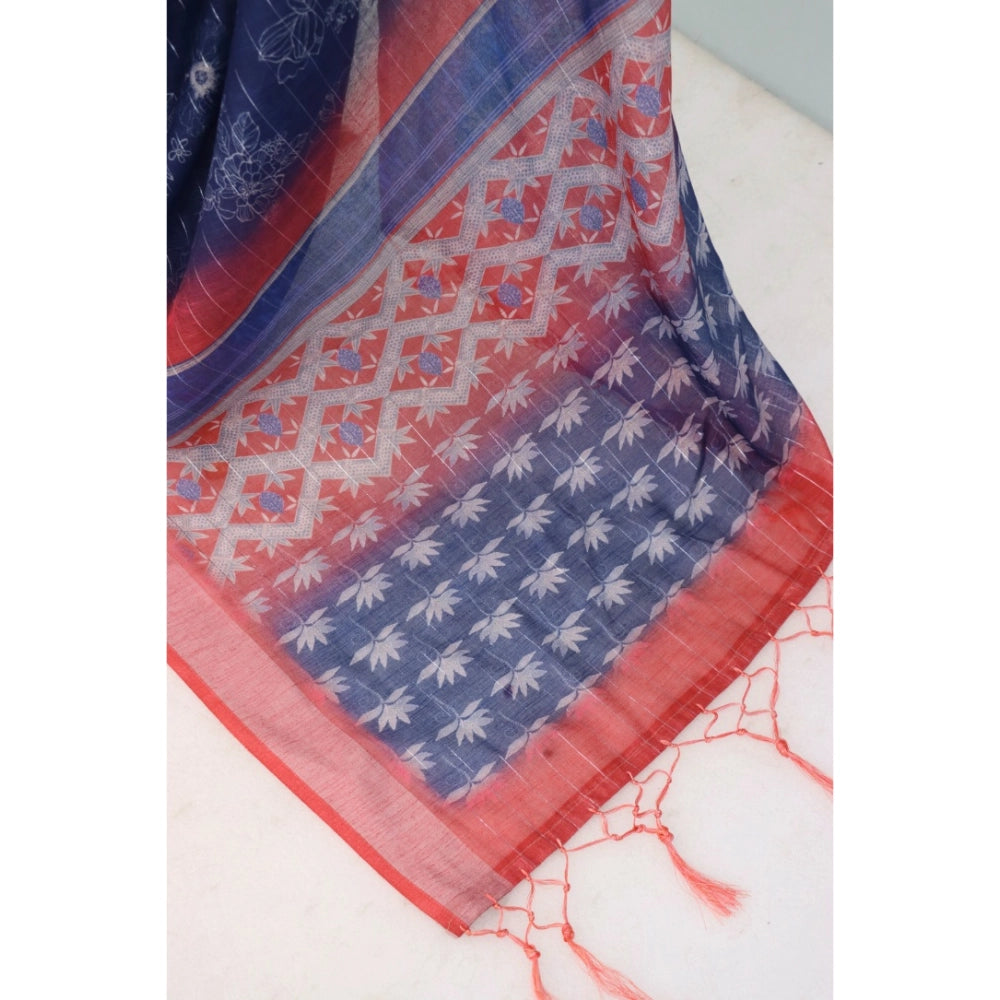 Blue linen digital print saree with unstitched blouse (5.5Mtr), traditional Indian women's attire on mannequin