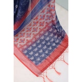 Blue linen digital print saree with unstitched blouse (5.5Mtr), traditional Indian women's attire on mannequin