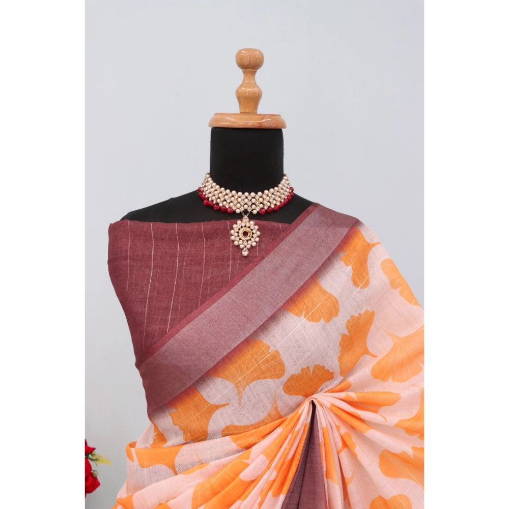 Orange linen digital print saree with unstitched blouse (5.5mtr)