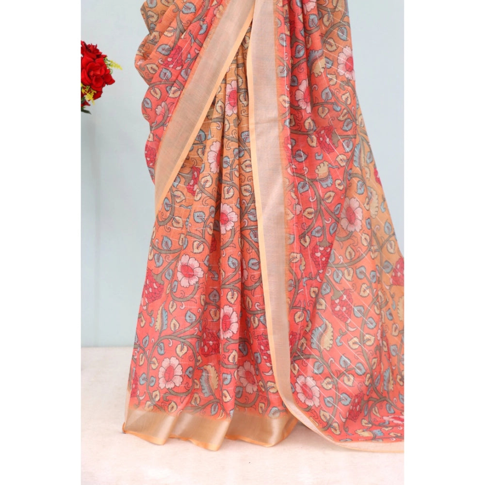 Orange linen digital print saree with unstitched blouse, vibrant pattern showcased on a mannequin