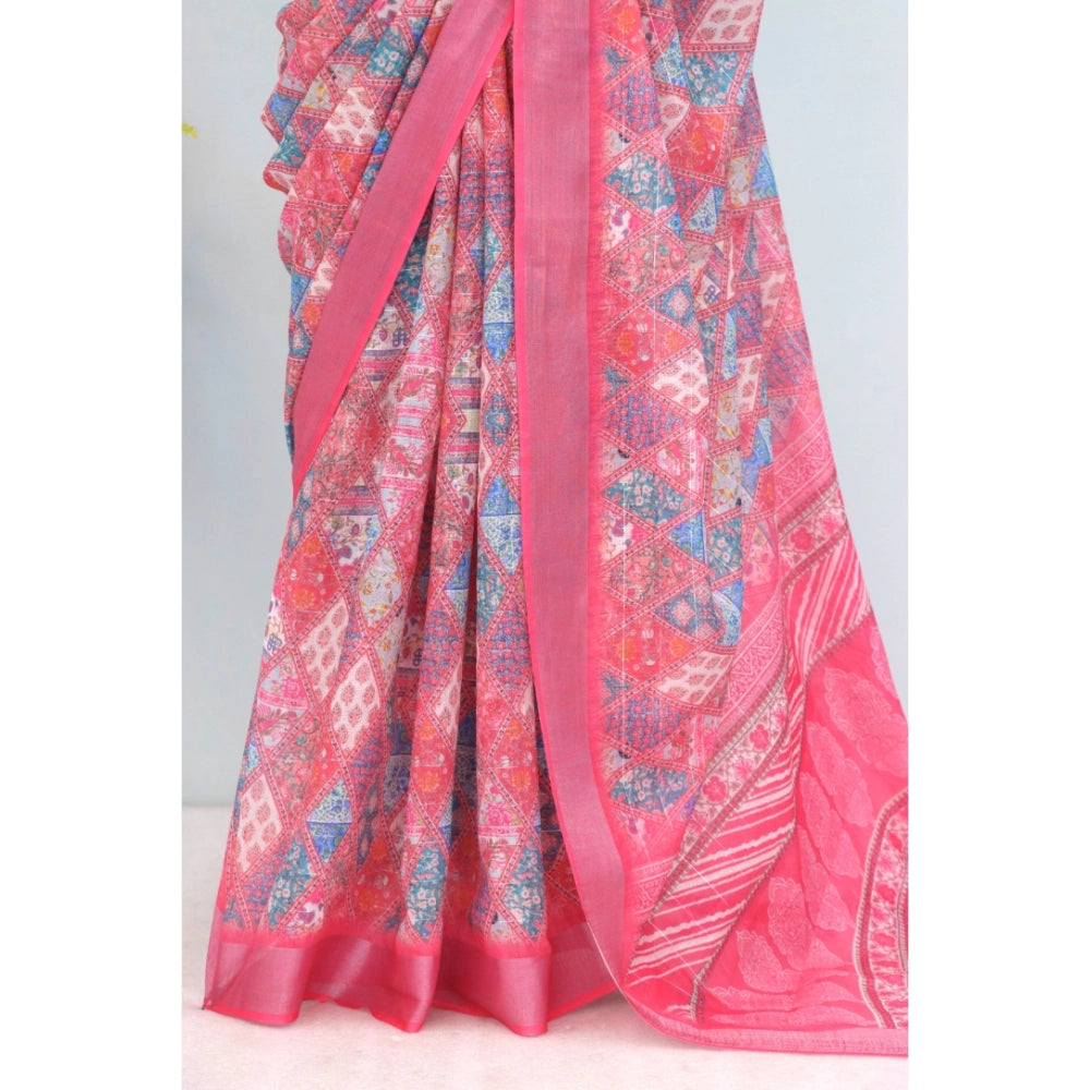 Pink linen digital print saree with unstitched blouse, 5.5mtr length