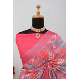 Pink linen digital print saree with unstitched blouse (5.5Mtr) on mannequin