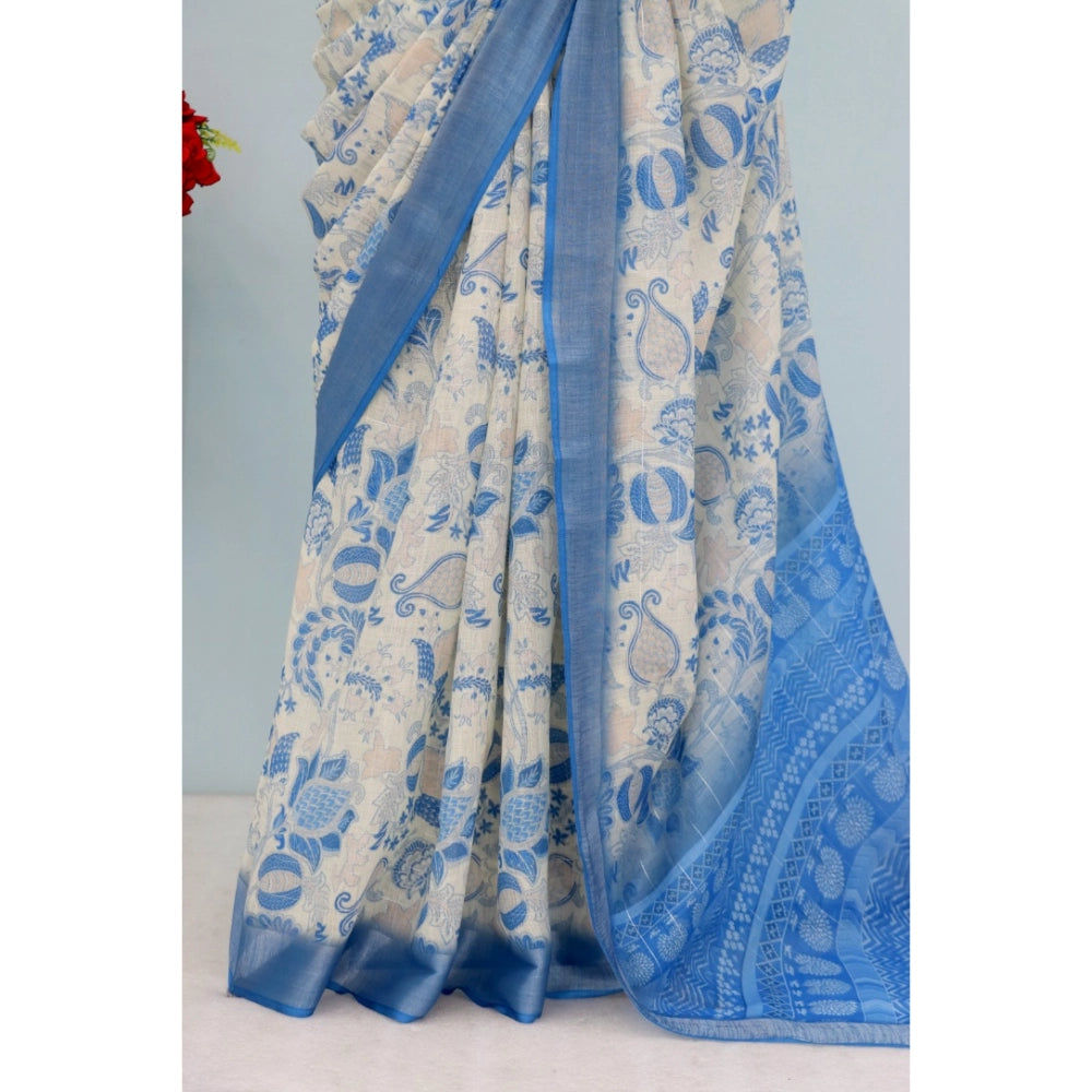 Blue linen digital print saree with unstitched blouse (5.5mtr), traditional Indian women's fashion wear