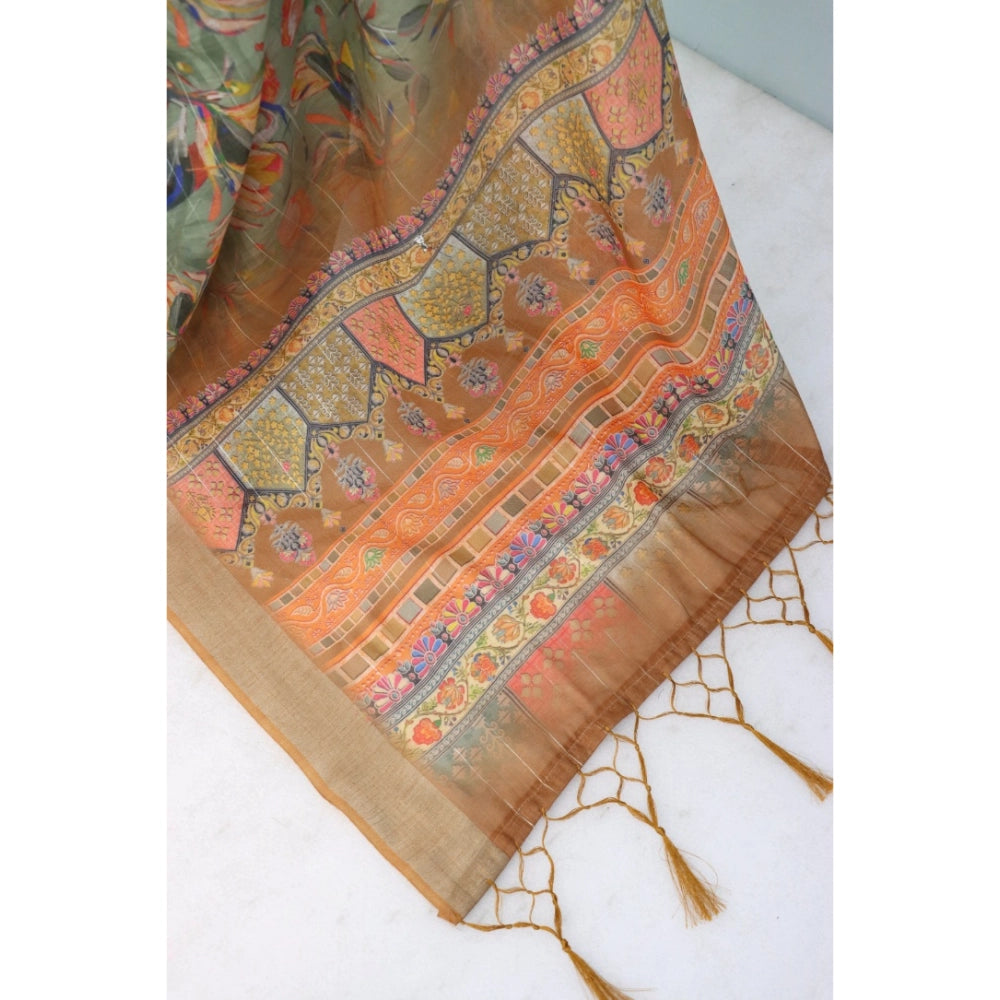 Beige linen digital print saree with unstitched blouse (5.5Mtr), vibrant floral design for traditional Indian fashion