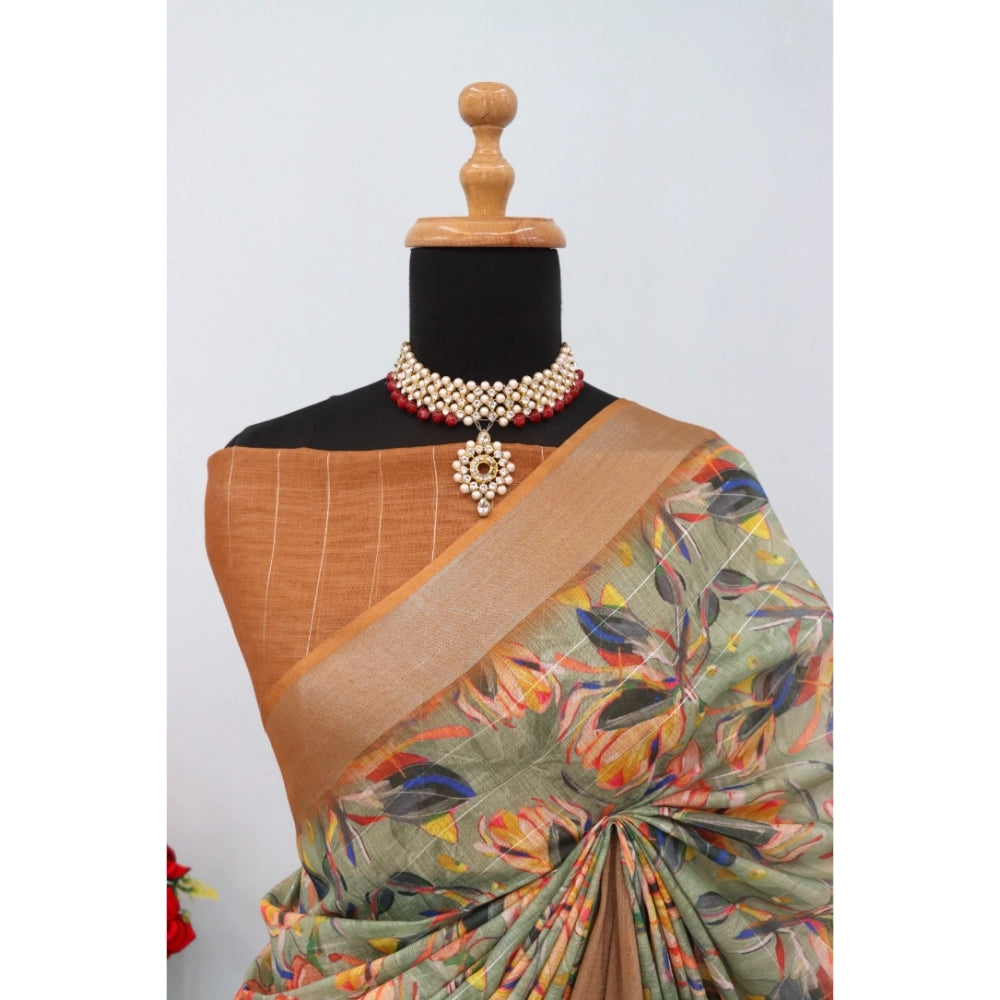 Beige linen digital print saree with unstitched blouse (5.5mtr), wearable art for women's traditional fashion