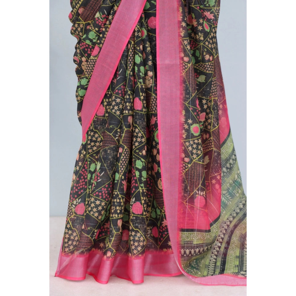 Multi-colored linen digital print saree with unstitched blouse, ideal for Indian women's fashion