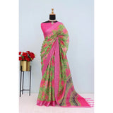 Green linen digital print saree with unstitched blouse (5.5mtr), vibrant Indian fashion accessory