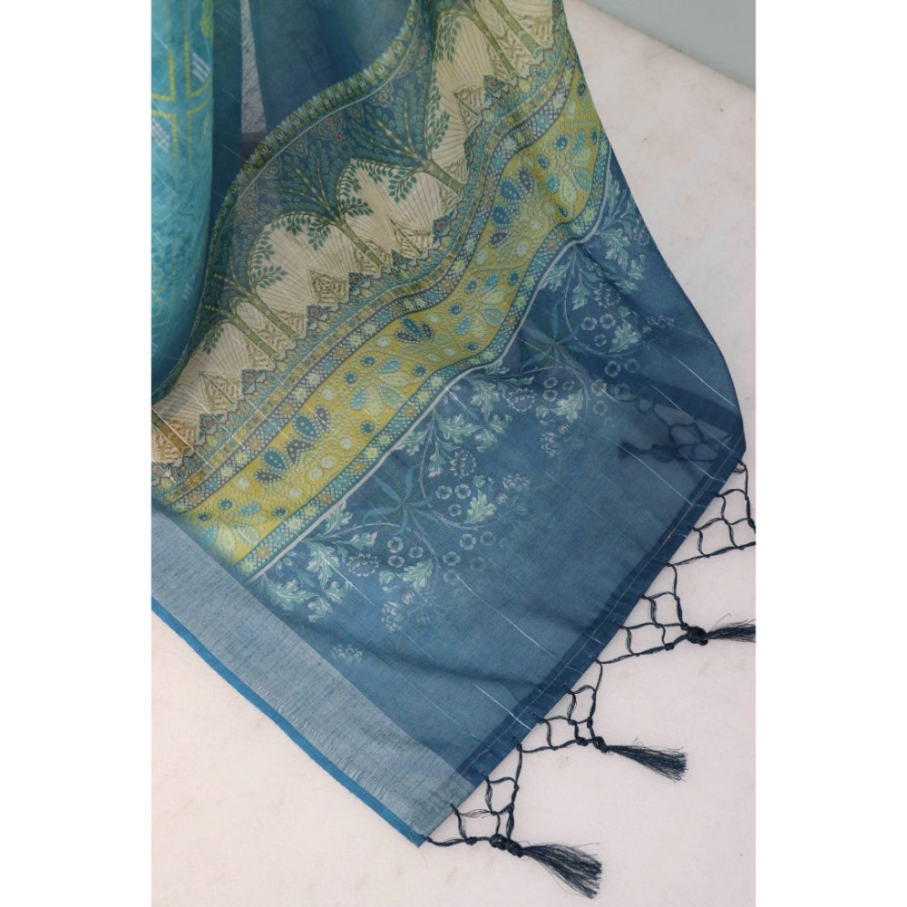 Sky blue linen digital print saree with unstitched blouse (5.5mtr), vibrant pattern detail on display