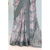 Gray linen digital print saree with unstitched blouse (5.5mtr)