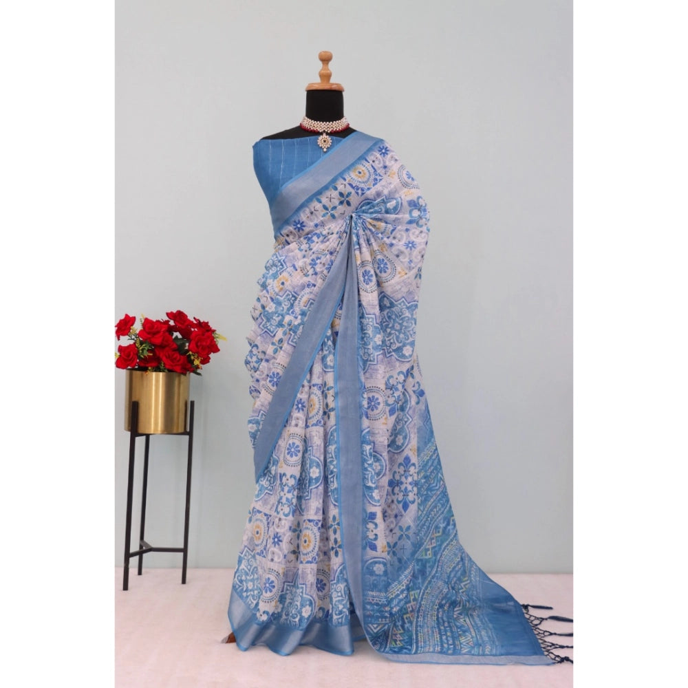 Blue linen digital print saree with unstitched blouse, 5.5Mtr length on model