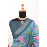 Green linen digital print saree with unstitched blouse (5.5Mtr) on mannequin