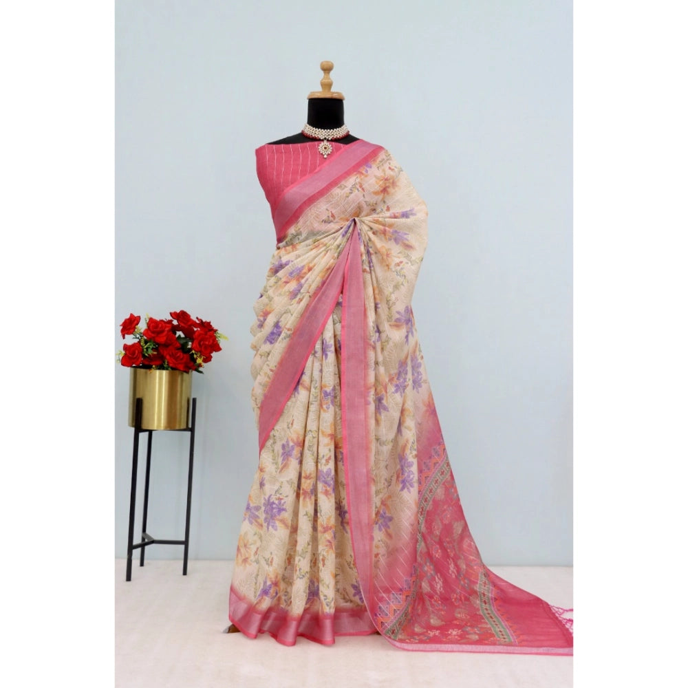 Pink linen digital print saree with unstitched blouse (5.5Mtr), vibrant floral pattern on display