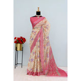 Pink linen digital print saree with unstitched blouse (5.5Mtr), vibrant floral pattern on display