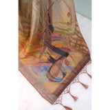 Multicolor linen digital print saree with unstitched blouse, 5.5Mtr length