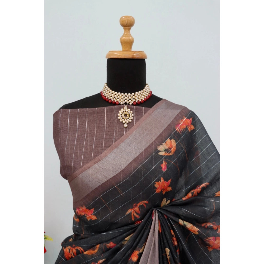 Black linen digital print saree with unstitched blouse (5.5mtr) on mannequin