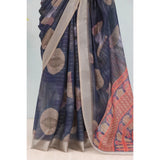 Blue linen digital print saree with unstitched blouse, vibrant design for women's traditional wear