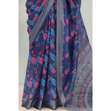Blue linen digital print saree with unstitched blouse, 5.5mtr, perfect for traditional Indian wear