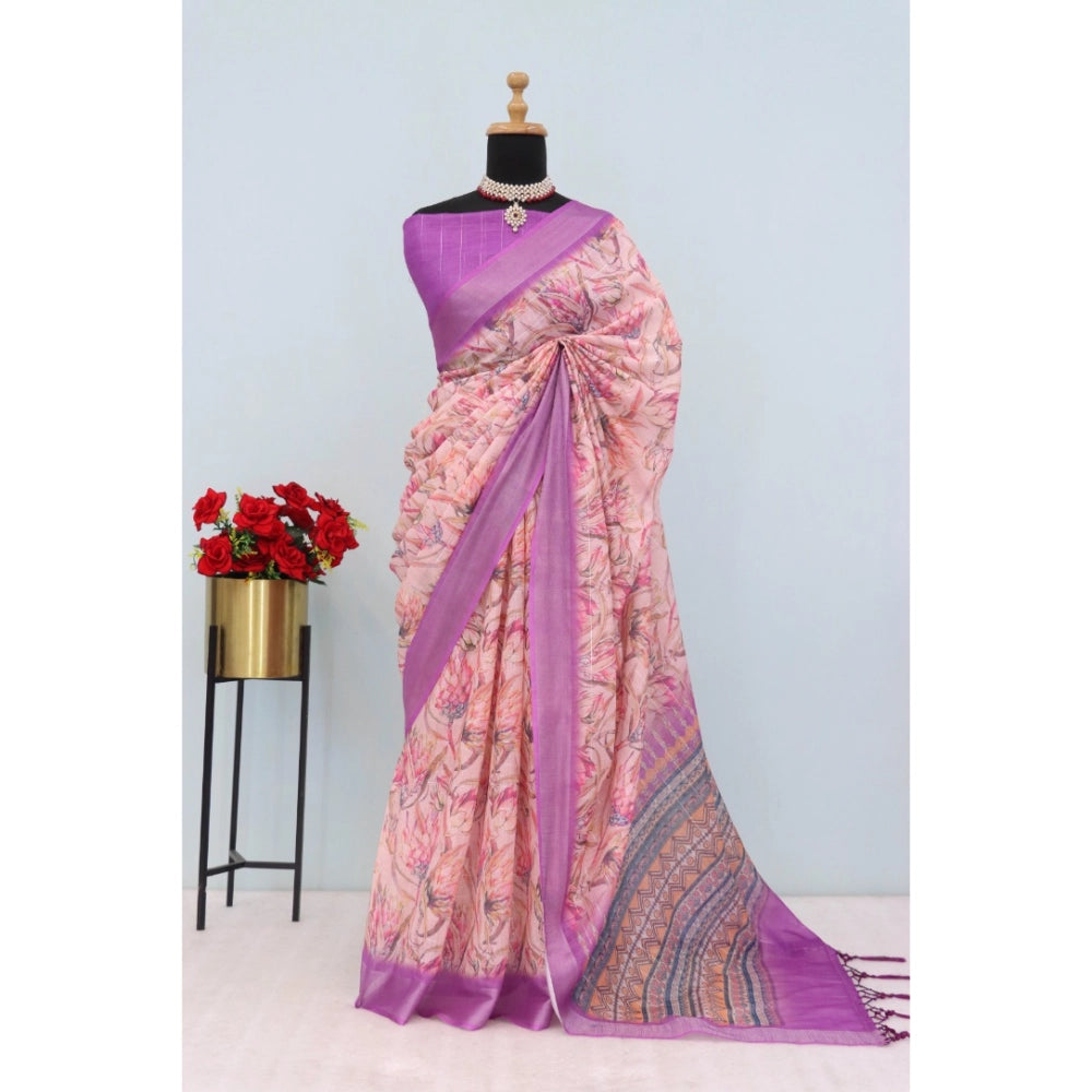 Purple linen digital print saree with unstitched blouse (5.5mtr), vibrant Indian fashion accessory for women