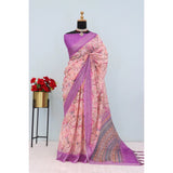 Purple linen digital print saree with unstitched blouse (5.5mtr), vibrant Indian fashion accessory for women
