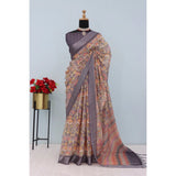 Grey linen digital print saree with unstitched blouse, vibrant patterns on flowing fabric