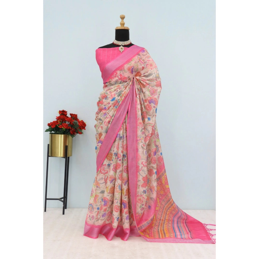 Women's pink linen digital print saree with unstitched blouse, 5.5Mtr. Close-up of intricate design details