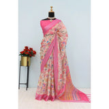 Women's pink linen digital print saree with unstitched blouse, 5.5Mtr. Close-up of intricate design details