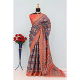Blue Mysore Silk digital print saree with unstitched blouse (5.5mtr)