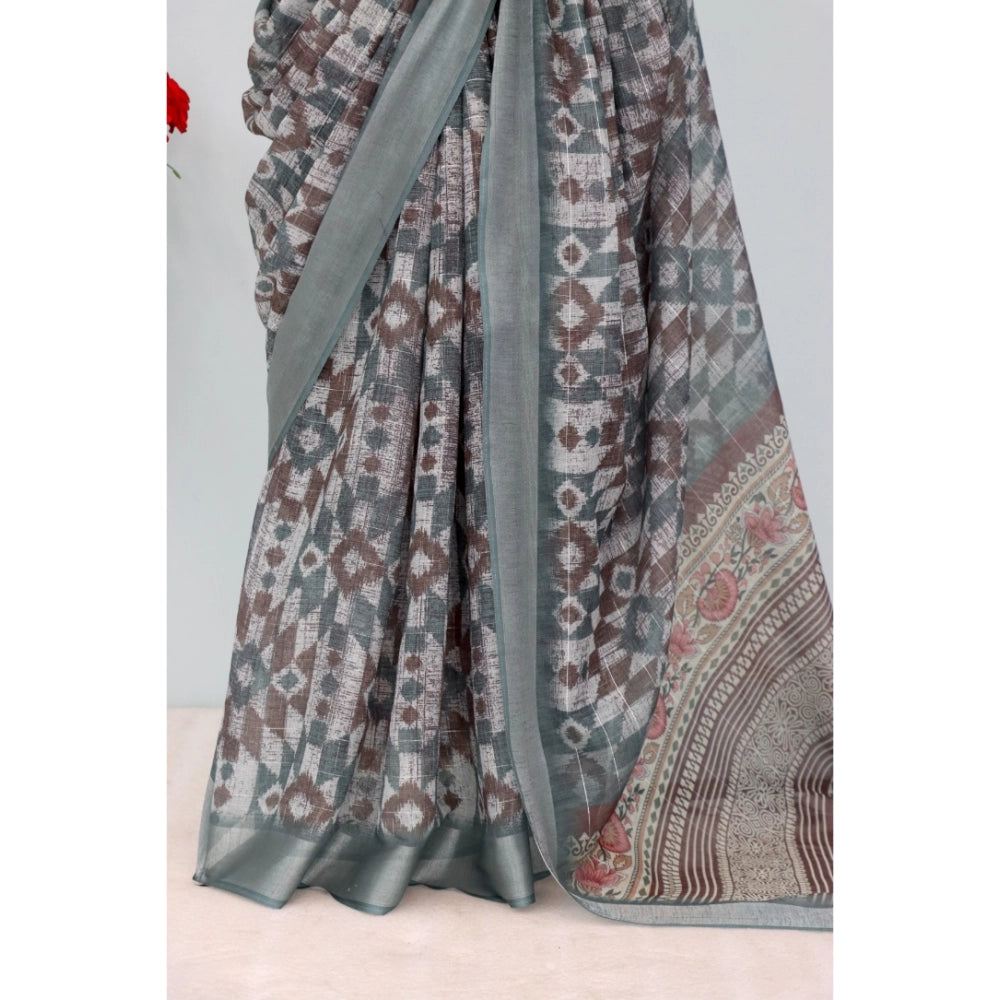 Grey linen digital print saree with unstitched blouse (5.5mtr), women's traditional Indian wear