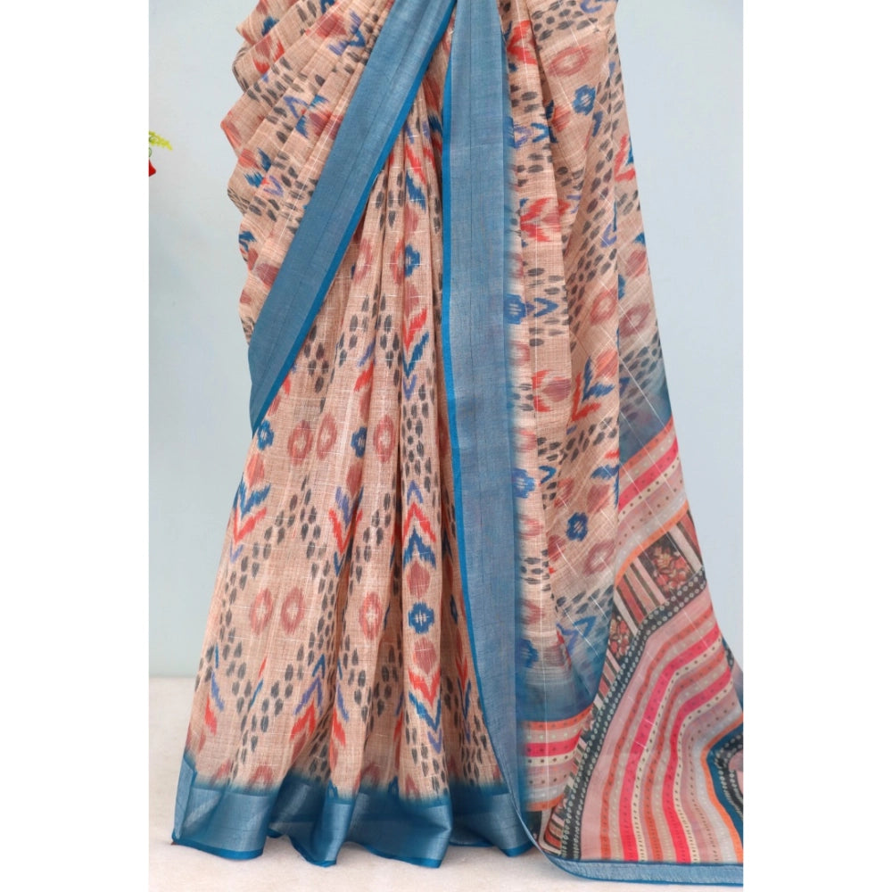 Multicolor linen digital print saree with unstitched blouse (5.5mtr), vibrant traditional Indian attire for women
