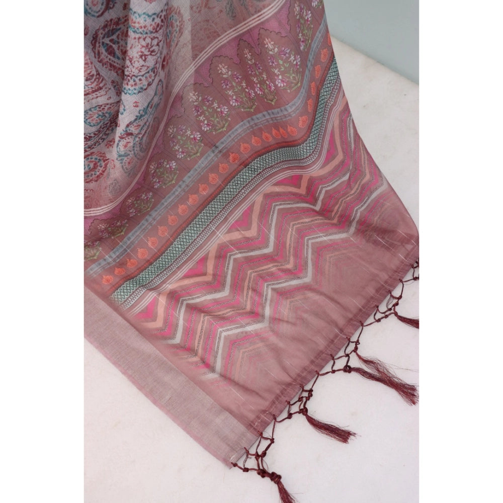 Brown linen digital print saree with unstitched blouse (5.5mtr), vibrant Indian fashion accessory on display