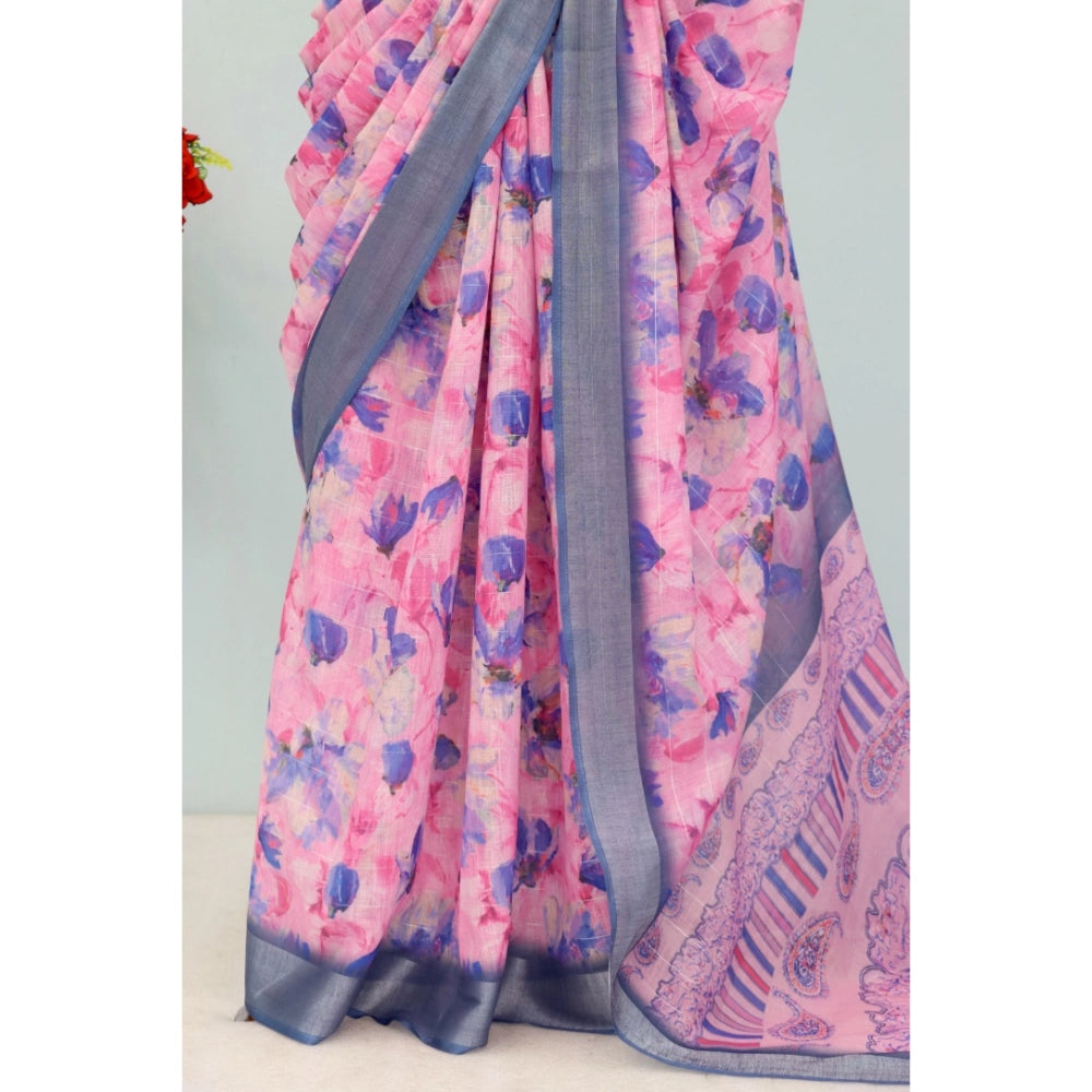 Multicolor linen digital print saree with unstitched blouse, vibrant Indian women's wear on display