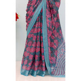 Blue linen digital print saree with unstitched blouse (5.5mtr), wearable Indian fashion accessory