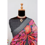 Grey linen digital print saree with unstitched blouse (5.5Mtr), versatile ethnic wear for women