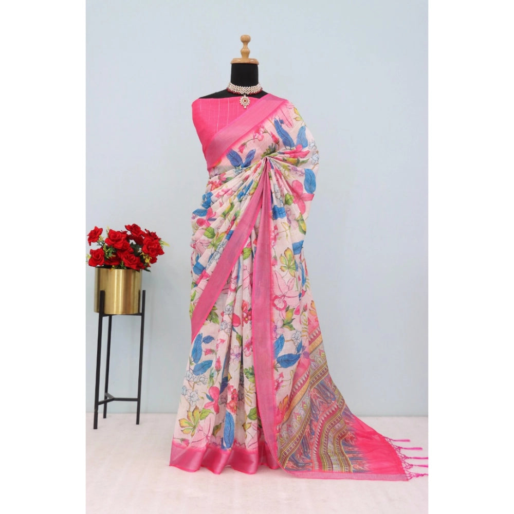 Pink linen digital print saree with unstitched blouse, 5.5mtr length for women's traditional Indian wear