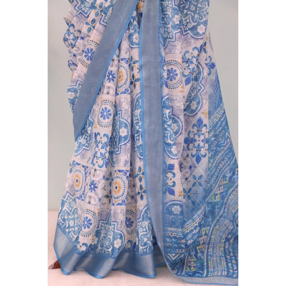 Blue linen digital print saree with unstitched blouse, vibrant pattern for women's fashion (5.5Mtr length)