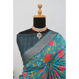 Green linen digital print saree with unstitched blouse (5.5Mtr)