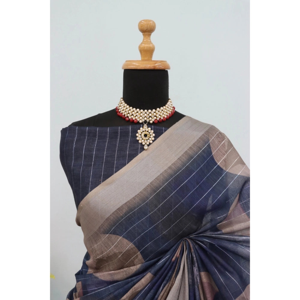 Blue linen digital print saree with unstitched blouse (5.5mtr) - vibrant Indian fashion accessory for women